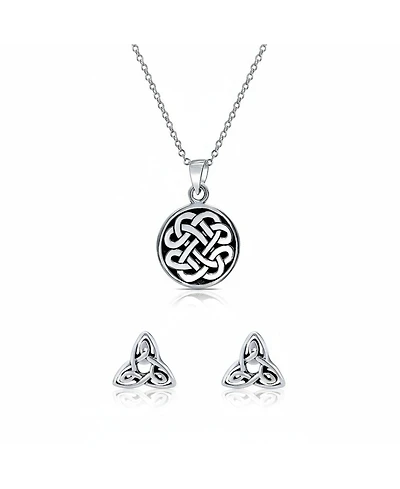 Bling Jewelry Celtic Knot Irish Friendship Pendant Necklace & Trinity Infinity Knot Stud Earrings Set – Oxidized Sterling Silver