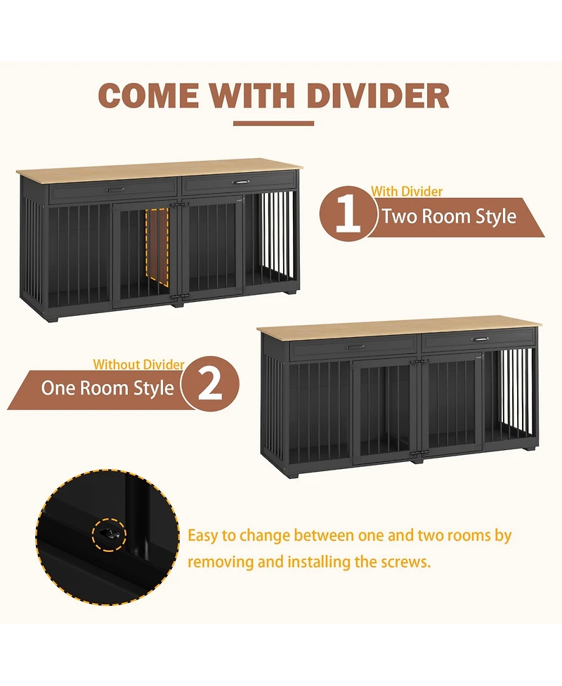 Homsee Dog Crate, Large Wooden Dog House with 2 Drawers, Dog Cage for Large Medium Dogs