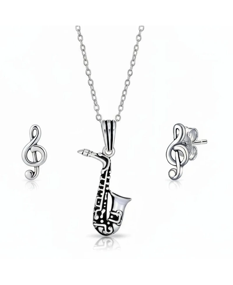 Bling Jewelry Music-Inspired Saxophone Pendant Necklace & Treble Clef Stud Earrings Set Sterling Silver