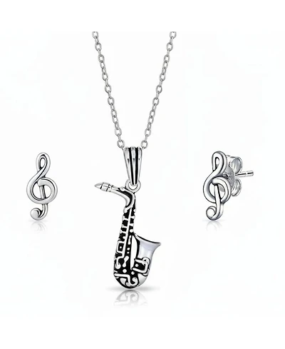 Bling Jewelry Music-Inspired Saxophone Pendant Necklace & Treble Clef Stud Earrings Set Sterling Silver