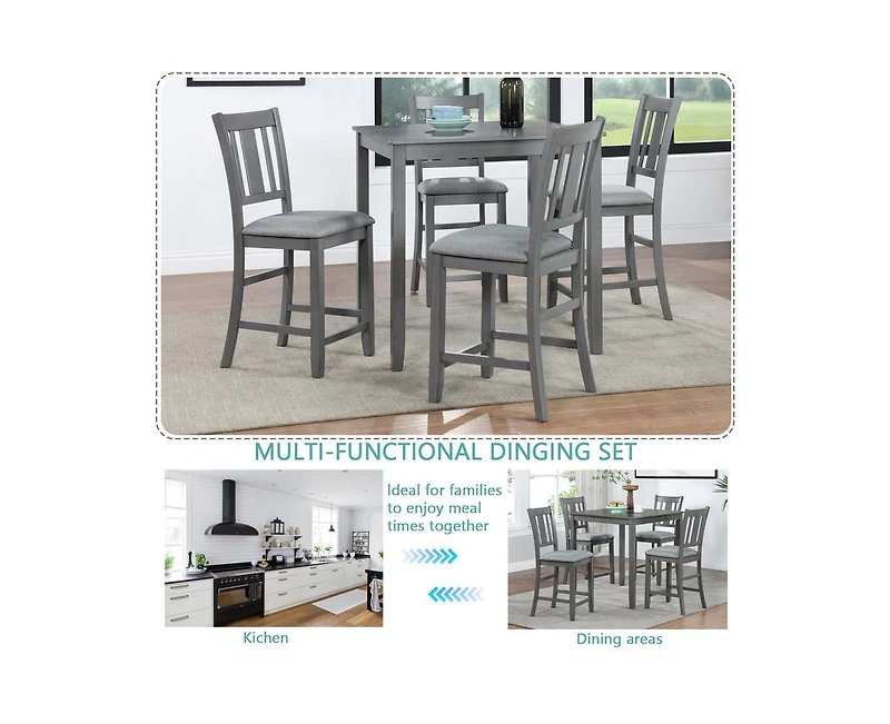 Casainc 5-Piece Grey Counter Height Kitchen Dining Set with Square Wood Table and 4 Upholstered Chairs