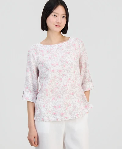 Charter Club Women's Linen Sketched Floral 3/4-Sleeve Top, Macy's Exclusive