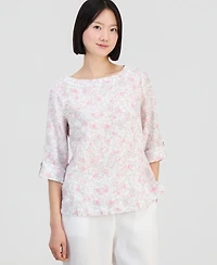 Charter Club Women's Linen Sketched Floral 3/4-Sleeve Top, Macy's Exclusive