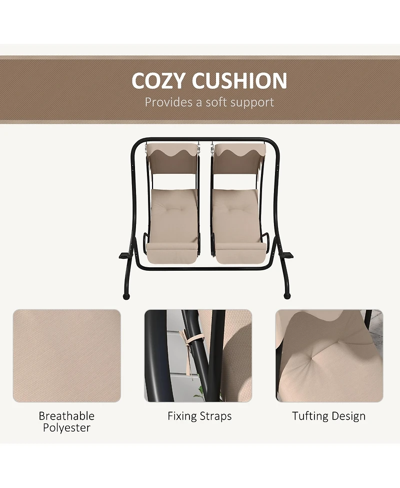 Outsunny 2-Seat Patio Swing Chair w/ Removable Canopy & Cup Holders,