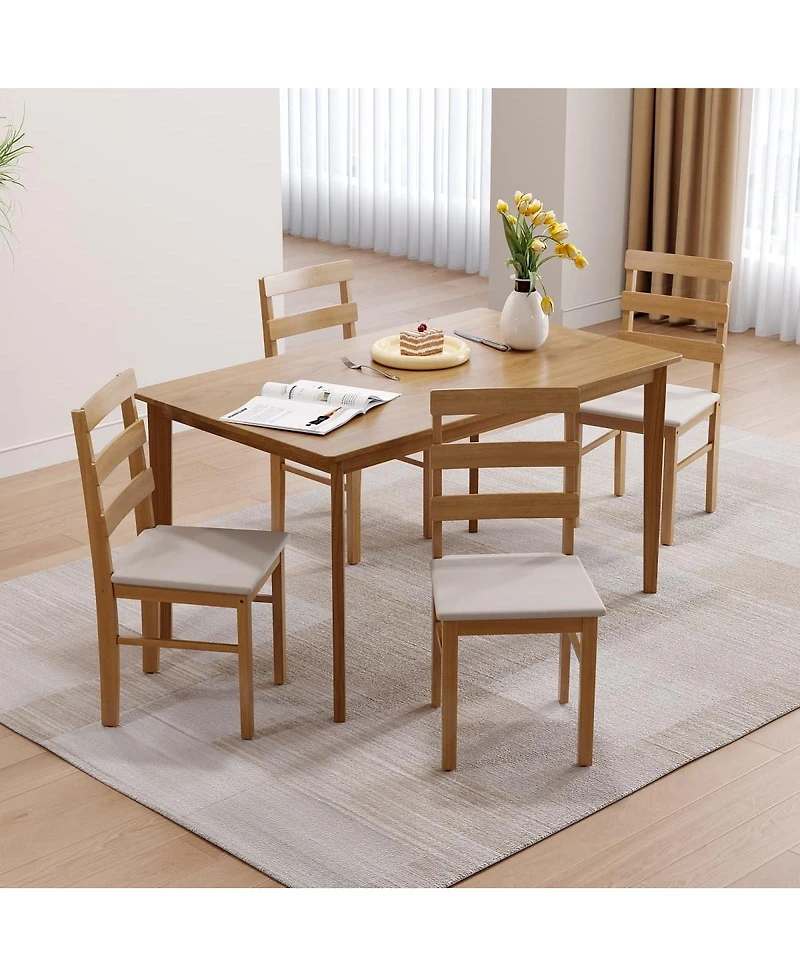 Maison Boucle 5-Piece Solid Wood Dining Table Set with 4 Upholstered Chairs, Natural Finish Kitchen and Chair for Room