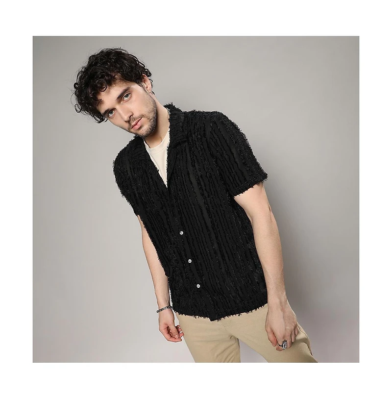 Campus Sutra Men's Jet Black Fleece Striped Shirt