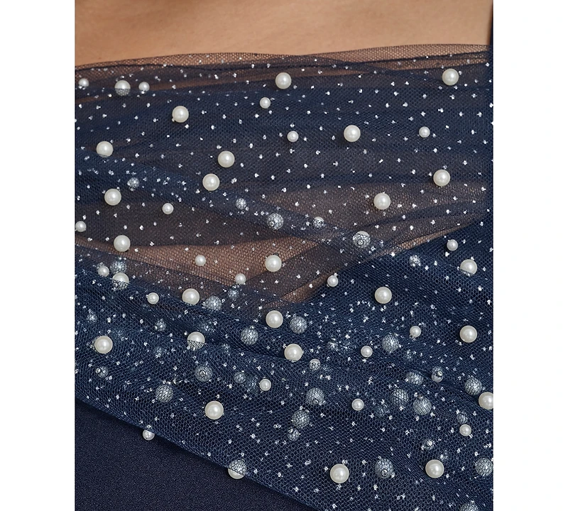 Eliza J Plus Short-Sleeve Spaghetti Strap Beaded Twist Overlay Gown