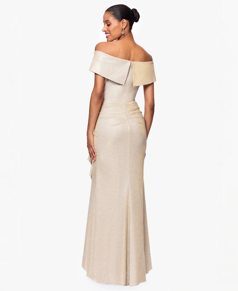Xscape Women's Metallic Off-The-Shoulder Ruffled Gown