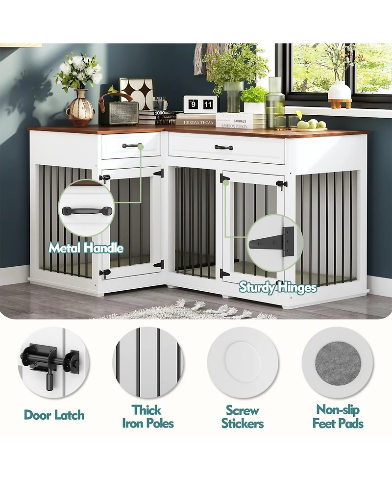 Homsee Corner Dog Crate Furniture with 2 Drawers, Space-Saving Dog Kennel Cage