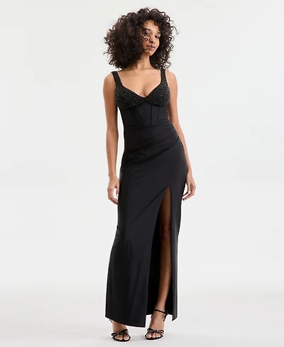 City Studios Juniors' Beaded-Bodice High-Slit Gown