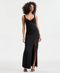 City Studios Juniors' Beaded-Bodice High-Slit Gown