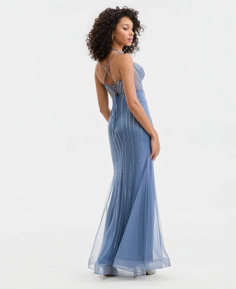 Say Yes Juniors' Rhinestone-Embellished Lace-Up Gown