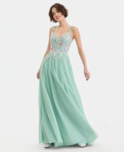 City Studios Juniors' Embroidered Applique Mesh Gown