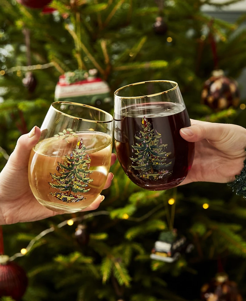 Spode Christmas Tree Stemless Wine Glasses, Set of 4