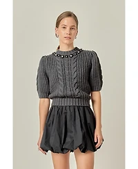 English Factory Women's Pearl Embellishment Puff Sleeve Knit Sweatshirts