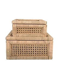 Storied Home Woven Wood and Rattan Display Boxes with Glass Lids, Natural, Set of 2