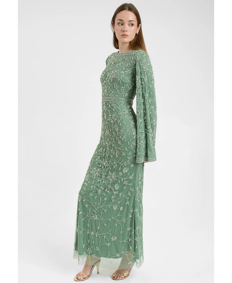 Maryisa Women's Modest Embellished Sequin Beaded With Sleeves Design Maxi Dress