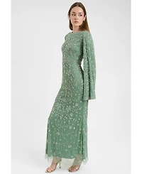 Maryisa Women's Modest Embellished Sequin Beaded With Sleeves Design Maxi Dress