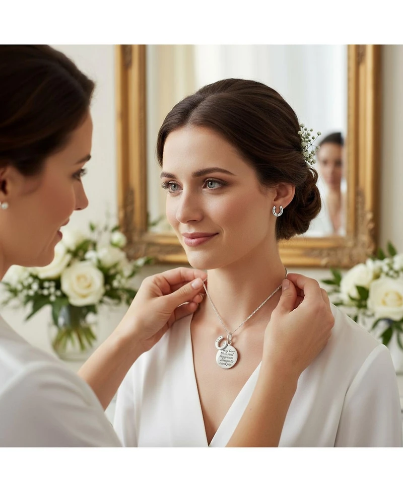 Bling Jewelry Round Disc Equestrian Inspirational Saying Quote Cz Horseshoe Pendant Necklace & Stud Earrings Western Jewelry Set Sterling Silver