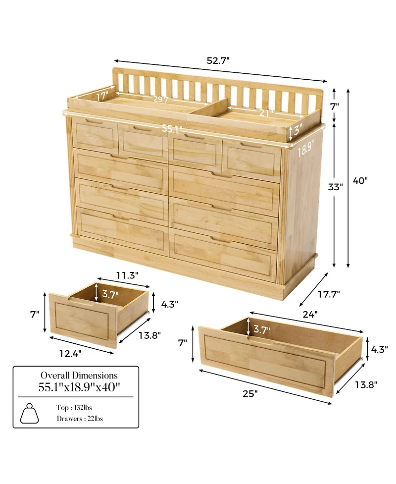Homsee Solid Wood Changing Table with 10 Drawers and Guardrails,Chest of Drawers