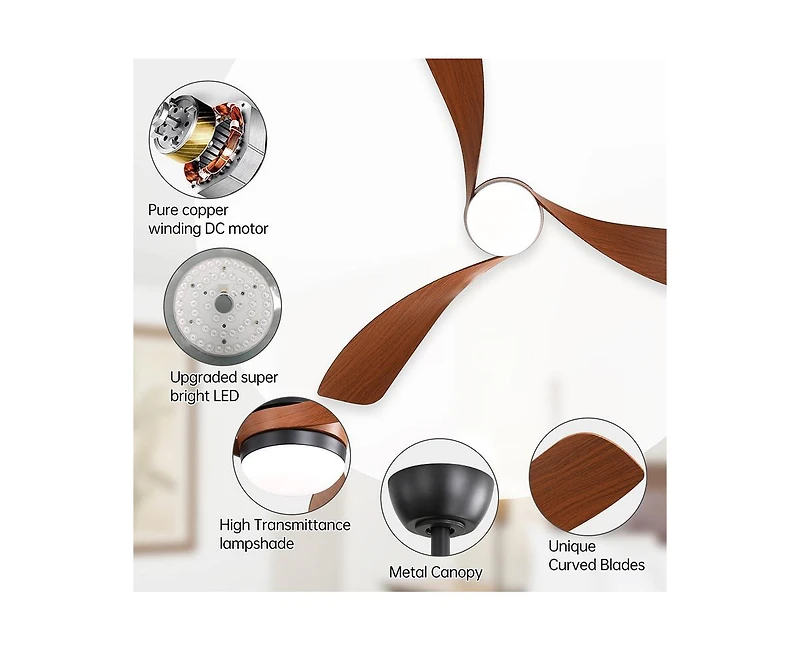 Sofucor 52-inch Modern Black Ceiling Fan with Led Light and Remote Control Dc Motor