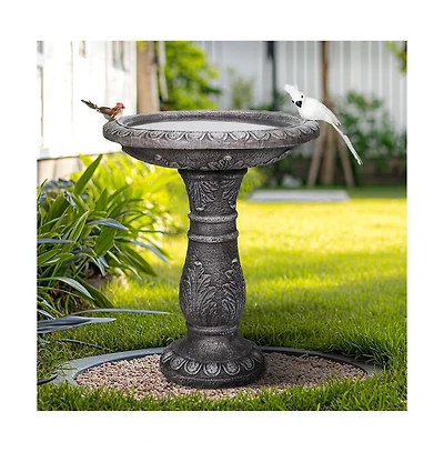 SunJet 24.4" H Cement Bird Bath for Garden- Fibre Reinforced Concrete Bird Baths for Outdoors, Large Size Vintage Carved Pedestal Birdbath