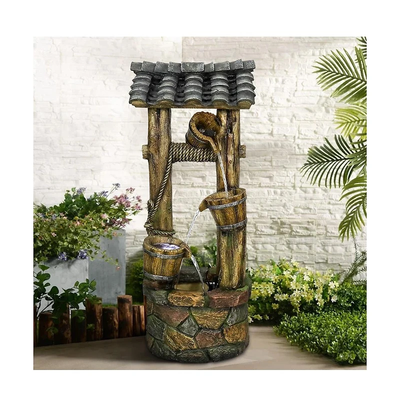 SunJet 39.3" Rustic Wishing Well Outdoor Water Fountain with Led Lights