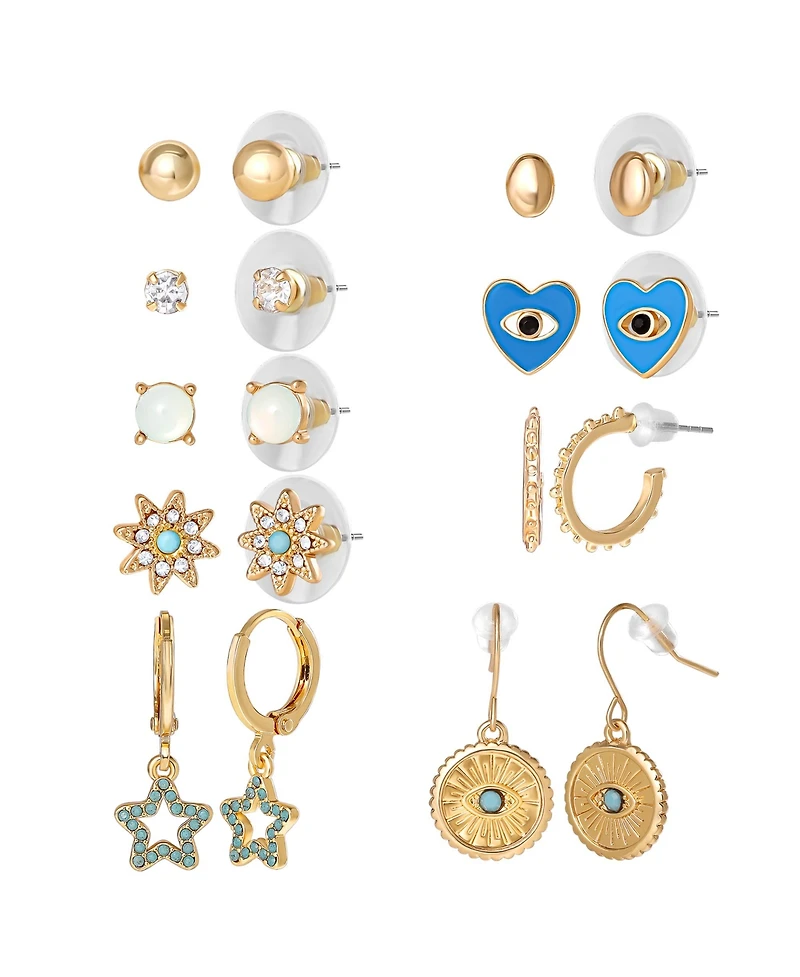 Jessica Simpson Gold-Tone Evil-Eye, Heart & Star Stud & Hoop Earring Set, 9 Pairs