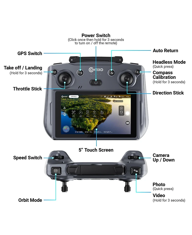 Contixo Drone with 4K Uhd Camera for Adults, " Touch Screen Remote, Auto Return, Wind Resistance, Battery for 23 Mins Flight Time, Intelligent Flight