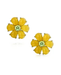 Bling Jewelry Set of 2 Garden Flower Jade Yellow Stud & Aqua Clip-On Earrings Green Cz Center Gold Plated Silver