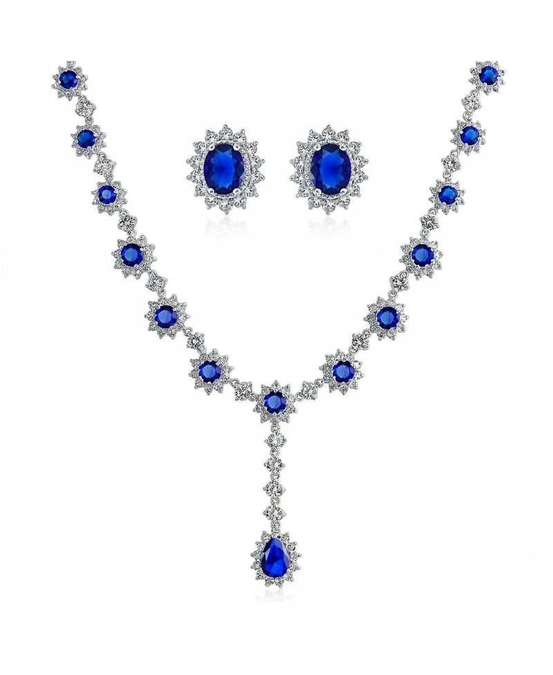 Bling Jewelry Royal Blue Cz Cubic Zirconia Collar Necklace & Oval Halo Stud Earrings Jewelry Set