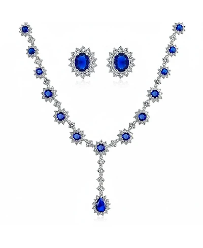 Bling Jewelry Royal Blue Cz Cubic Zirconia Collar Necklace & Oval Halo Stud Earrings Jewelry Set