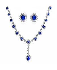 Bling Jewelry Royal Blue Cz Cubic Zirconia Collar Necklace & Oval Halo Stud Earrings Jewelry Set