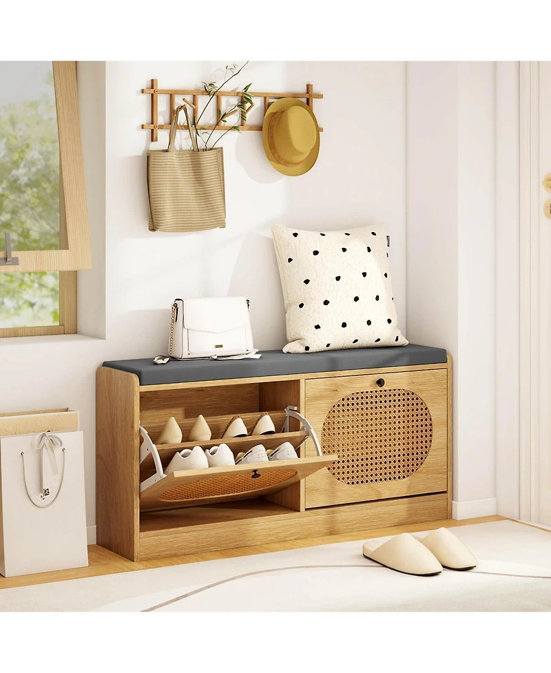 Costway Shoe Storage Bench with Cushion 2 Flip-over Doors & Adjustable Shelves