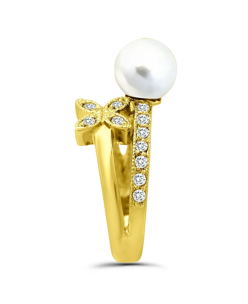 Imitation Pearl Cubic Zirconia Butterfly Ring Silver Plate