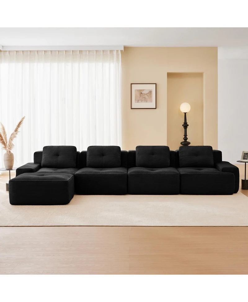 Streamdale Furniture Modern L-Shaped Corduroy Sectional Sofa with Movable Ottoman - Black