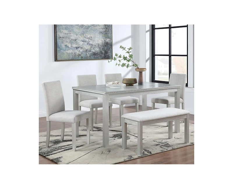 Casainc 6-Piece Silver Grey Crystal Accent Wood Dining Set with Rectangular Table 4 Upholstered Chairs and Bench