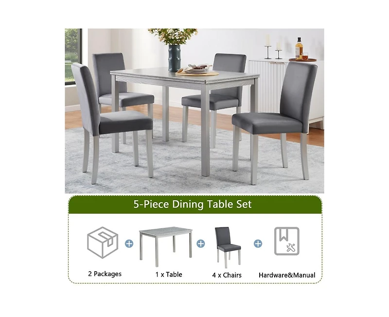 Casainc 5-Piece Silver Grey Crystal Accent Wood Dining Set with Rectangular Table and 4 Upholstered Chairs