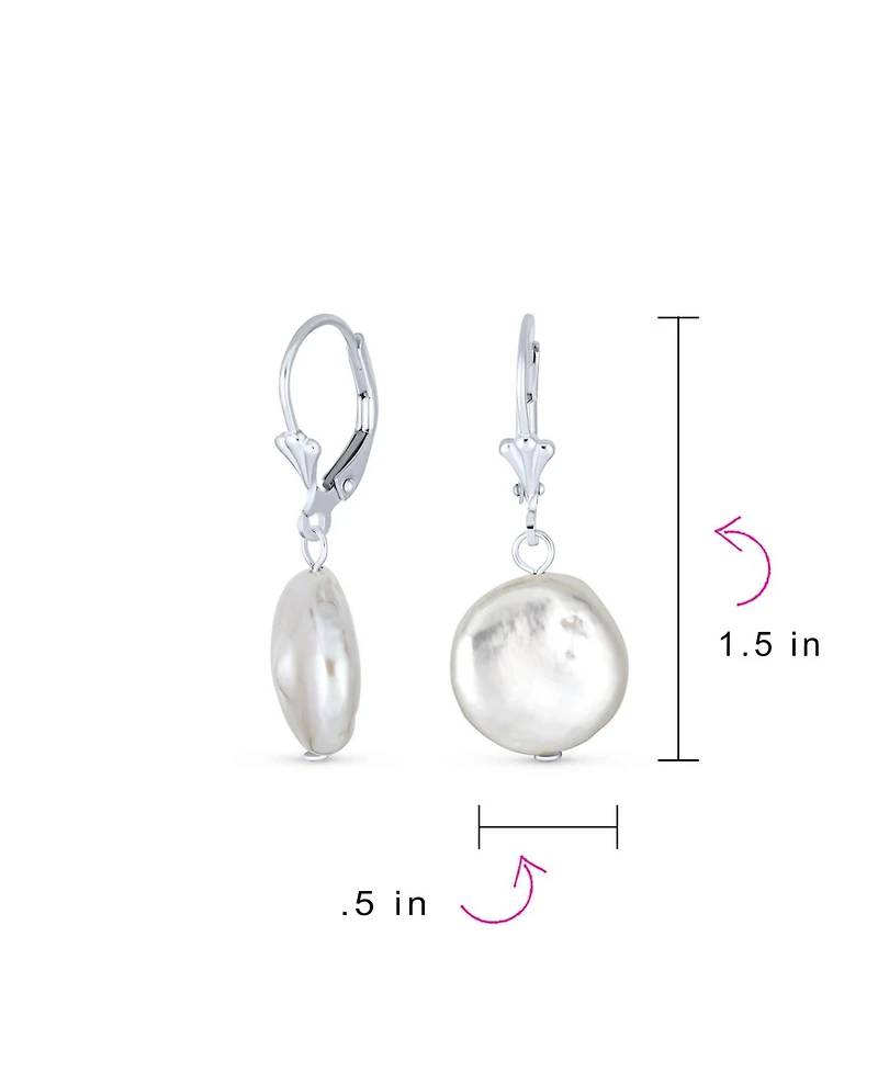 Bling Jewelry Baroque Irregular Round Coin Shaped White Biwa Pearl Dangle Earrings Sterling Silver Lever back