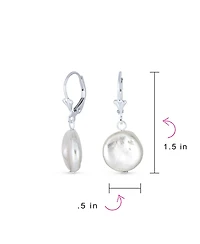 Bling Jewelry Baroque Irregular Round Coin Shaped White Biwa Pearl Dangle Earrings Sterling Silver Lever back