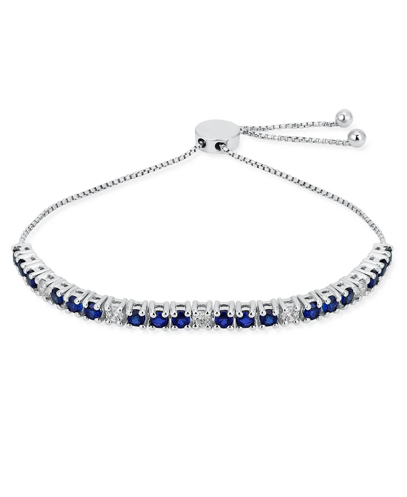 Bling Jewelry Alternating Created Synthetic Blue Sapphire White Zircon Bolo Tennis Bracelet Adjustable 7-8 Inch Sterling Silver