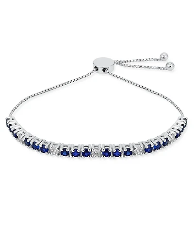 Bling Jewelry Alternating Created Synthetic Blue Sapphire White Zircon Bolo Tennis Bracelet Adjustable 7-8 Inch Sterling Silver
