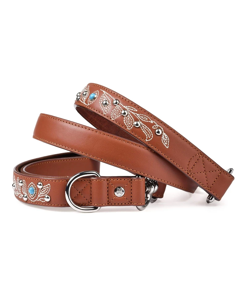 Blueberry Pet Western Style Full Grain Genuine Leather Dog Leash with Embroidery and Pearl or Turquoise Studs