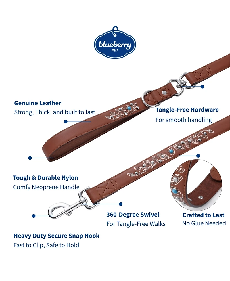 Blueberry Pet Western Style Full Grain Genuine Leather Dog Leash with Embroidery and Pearl or Turquoise Studs