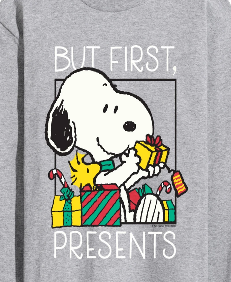 Airwaves Men's Peanuts Christmas Snoopy But First Presents Graphic Long-Sleeve T-Shirt