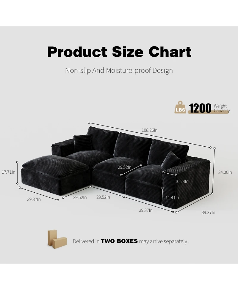 Streamdale 108" Cloud Sectional Couch with L-Shape Chaise, Modern Modular Sofa, Deep Seat, Plush Corduroy