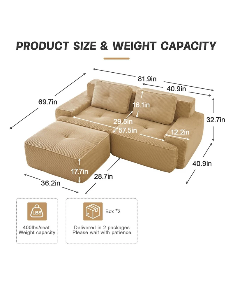 Streamdale Camel 82" Modern L-Shaped Corduroy Sectional Sofa with Ottoman