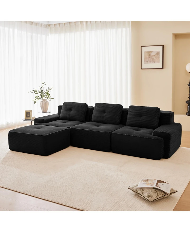 Streamdale Modern L-Shaped Corduroy Sectional Sofa with Movable Ottoman, Black