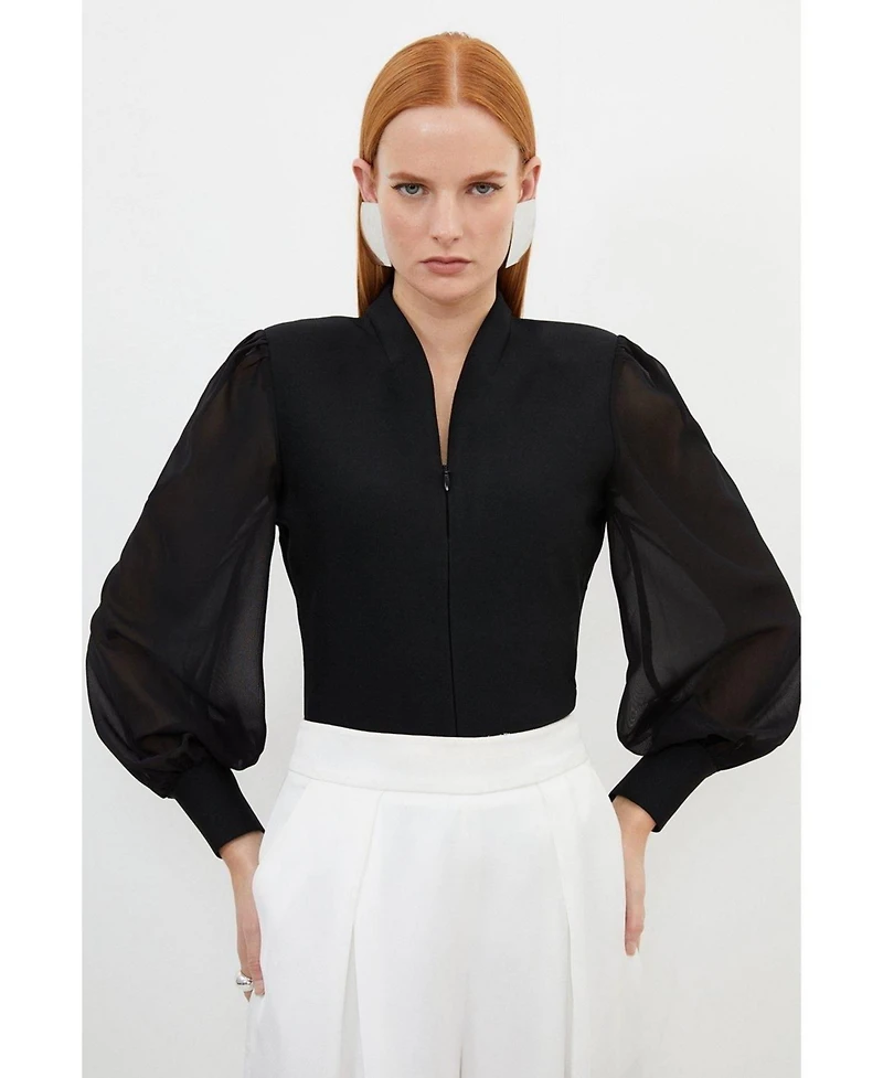 Karen Millen Women's Zip Detail Chiffon Sleeve Knit Top