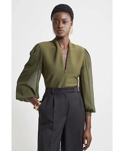 Karen Millen Women's Zip Detail Chiffon Sleeve Knit Top